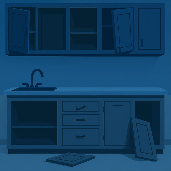 A visual representation of work halfway done on cabinets by an unlicensed worker