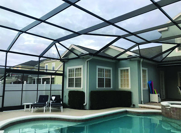 Inside view of pool enclosure to show custom framing. Installation done by MD Construction in Celebration, Florida