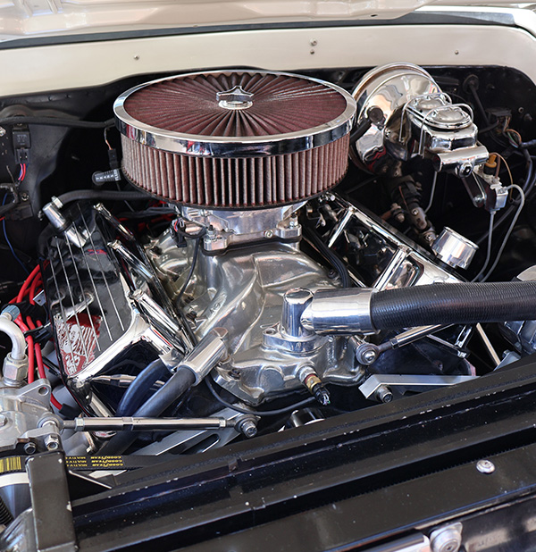 Solivita annual car show 1957 chevy bel air engine block close up on display. MD construction sponsoring this annual car show as a red corporate sponsor.