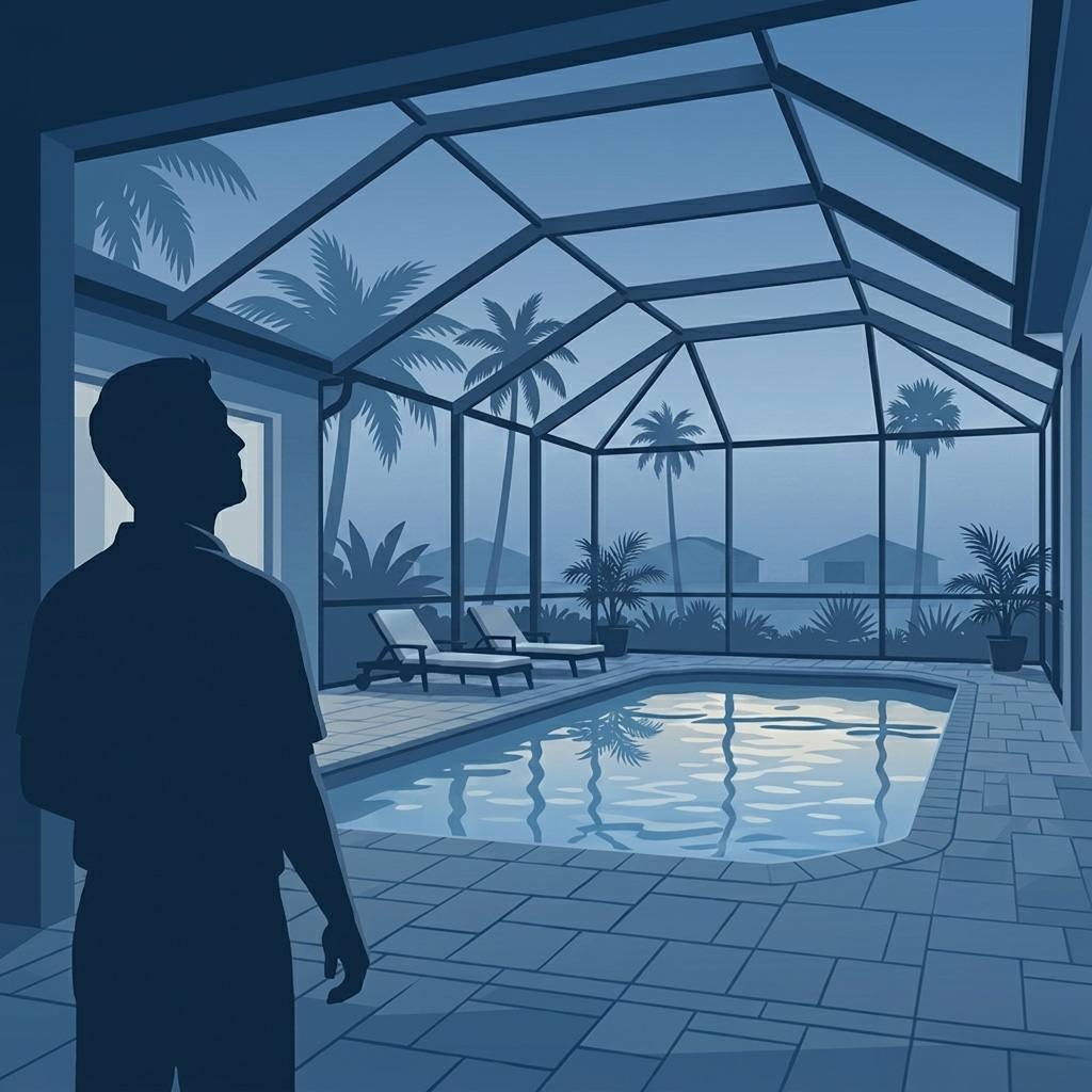 customer-on-their-back-patio-looking-at-pool-enclosure Illustration of a customer looking at their pool enclosure screen on their back patio.